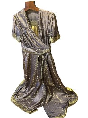 Purple 100% silk and  size L Satin Wrap Dress with Gold Motif ,custom made